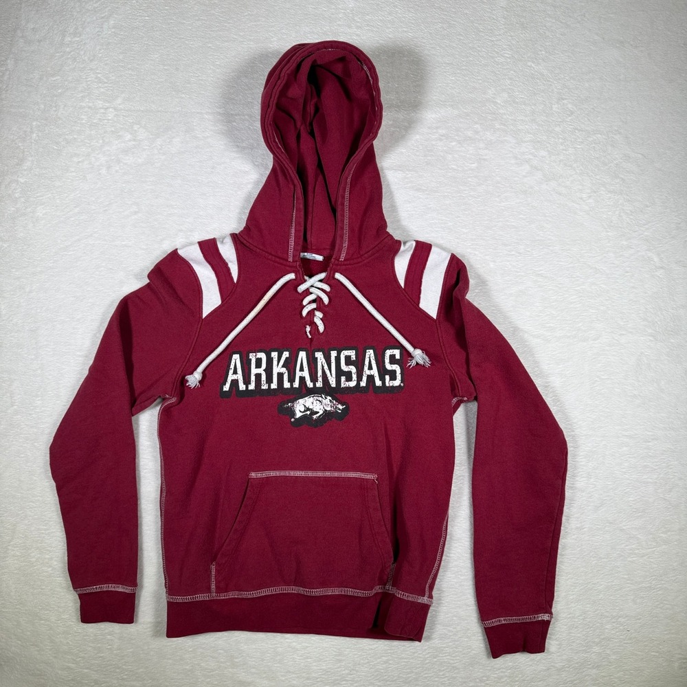 Arkansas Razorbacks Pullover Hoodie Lace Up Neck White Stripes Size S Mens